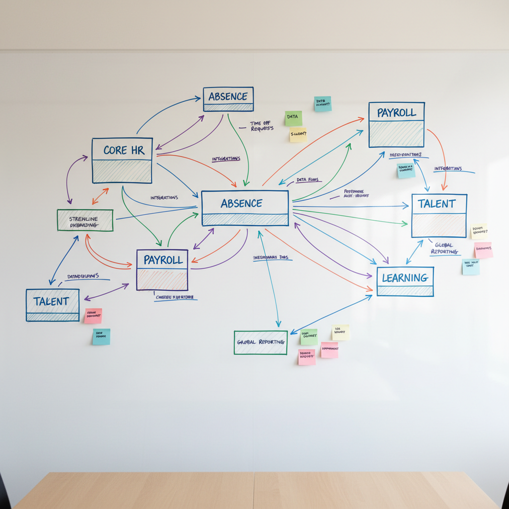 A clean, photographic image of a large whiteboard wall covered in meticulously drawn Oracle HCM Cloud architecture diagrams: modular boxes labeled Core HR, Absence, Payroll, Talent, and Learning, connected by color-coded arrows representing integrations and data flows. Sticky notes in muted pastel tones annotate pain points and optimization ideas. The whiteboard is set in a minimalist meeting room with a light oak table edge barely visible at the bottom of the frame. Natural daylight from unseen windows creates soft, even illumination with faint reflections on the glossy whiteboard surface. Captured straight-on with sharp focus across the entire frame, the mood is analytical, structured, and collaborative, emphasizing thoughtful system design without visual clutter.