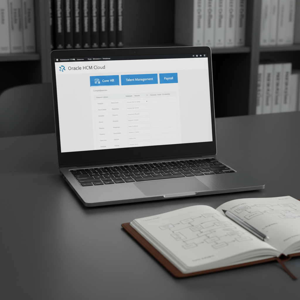 A close-up, photographic realistic view of a high-end laptop on a matte charcoal desk, its screen displaying a detailed Oracle HCM Cloud configuration page with tabs for Core HR, Talent Management, and Payroll. Beside the laptop rests a leather-bound notebook opened to a page of neatly sketched process diagrams, and a fine-tip pen aligned precisely. Soft, indirect office lighting from an overhead source casts gentle shadows and subtle highlights on the metallic laptop body. The background shows out-of-focus shelves with neatly arranged technical books. Shot from a slightly elevated angle using the rule of thirds, the scene feels organized, thoughtful, and methodical, ideal for an expert architect’s workspace.