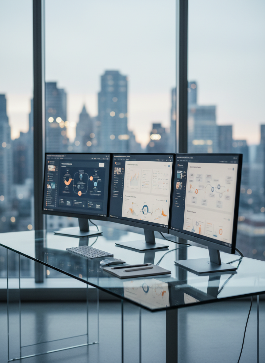 A sleek, modern glass office desk covered with neatly arranged Oracle HCM Cloud interface screens displayed on multiple thin-bezel monitors, each showing dashboards, analytics charts, and HR process flows in subtle blues and oranges. The desk sits in front of a large window overlooking an abstract, softly blurred city skyline. Cool, diffused daylight streams in, reflecting gently off the glass surfaces and the metallic edges of the hardware, creating a calm yet focused mood. Photographic realism, eye-level composition with a shallow depth of field keeps the monitors razor sharp while the background softly fades, emphasizing clarity, innovation, and professional precision in a clean, contemporary workspace.