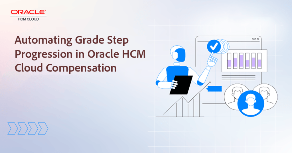 Graphic illustrating the automation of grade step progression in Oracle HCM Cloud Compensation, featuring a robotic figure, graphical charts, and icons representing approval and user profiles.